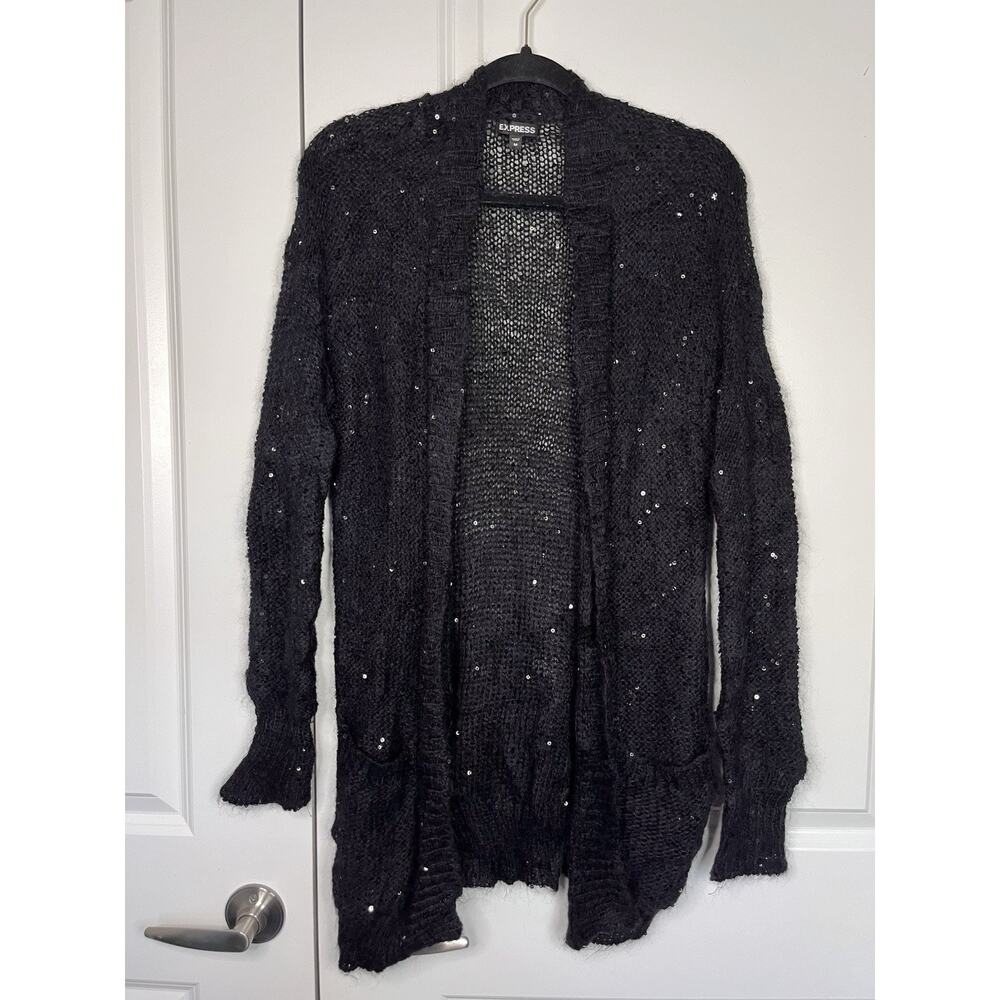 Express Y2K Sequin Black Cardigan Sweater Size M Wool Angora Blend